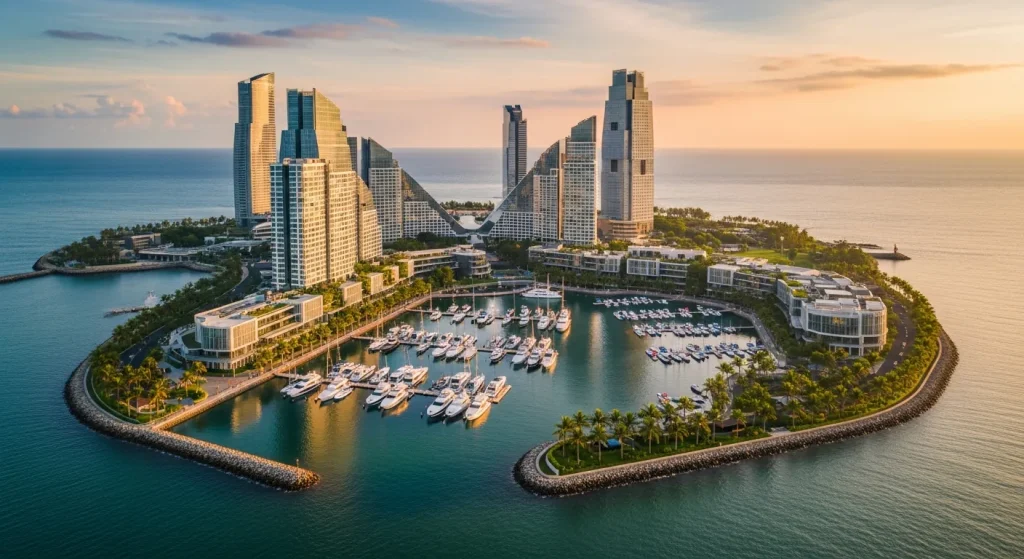 Aerial view of the waterfront development on the Serangan peninsula at sunset