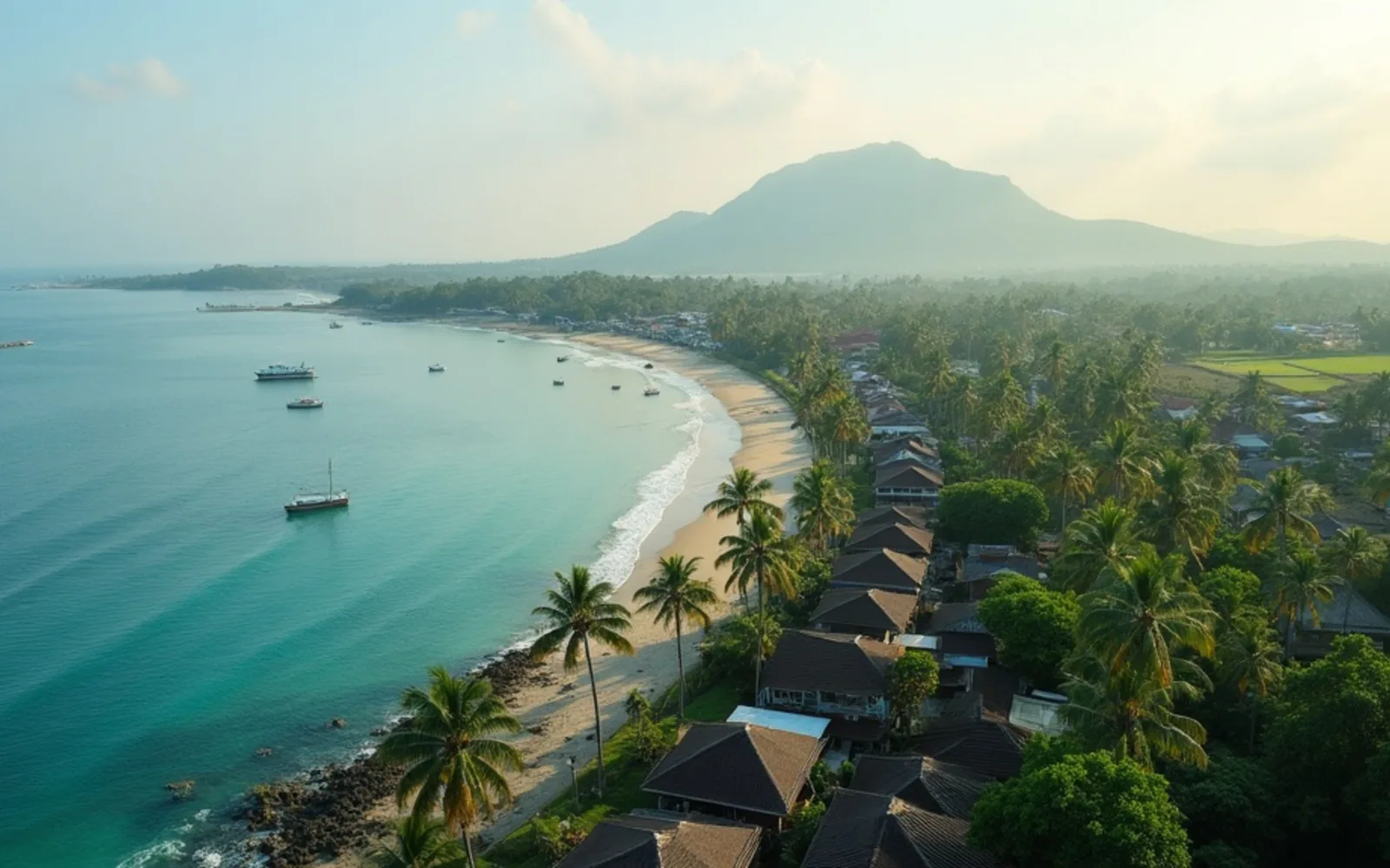Aerial view of an Indonesian coastal village and bay with boats moored offshore