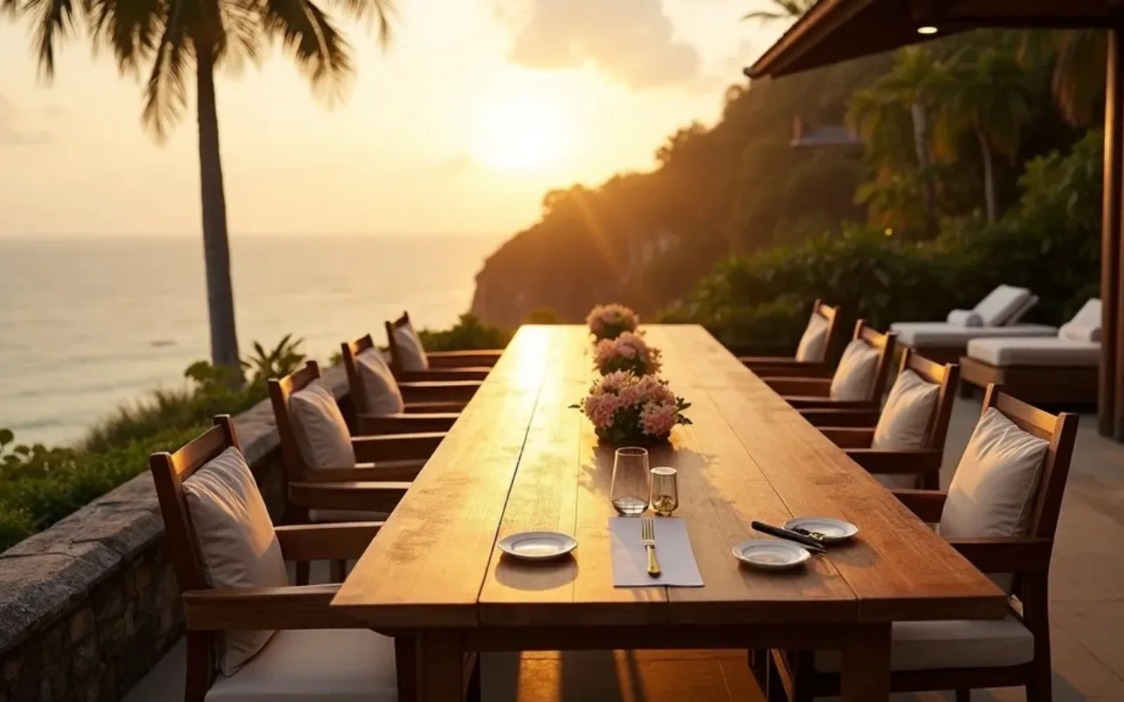 A clifftop dining terrace set for an evening briefing above the Bali coastline