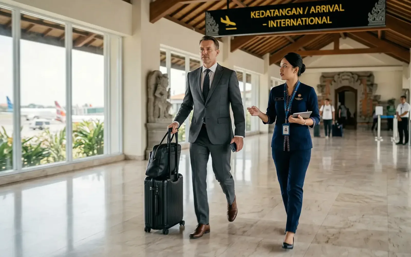 A consultant meeting an arriving investor in the airport terminal