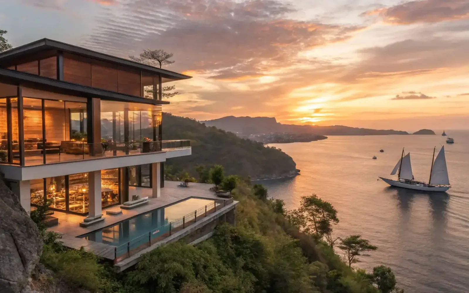 A clifftop villa with a private pool looking out over the sea at sunset