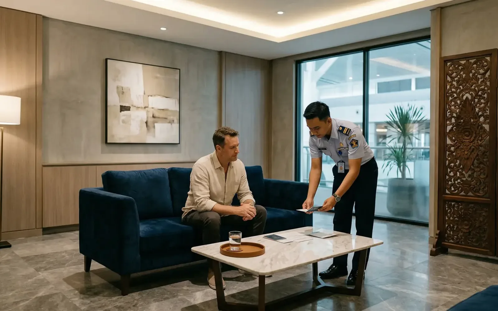 An arriving investor met by fast-track ground staff in the arrivals lounge at Ngurah Rai International Airport