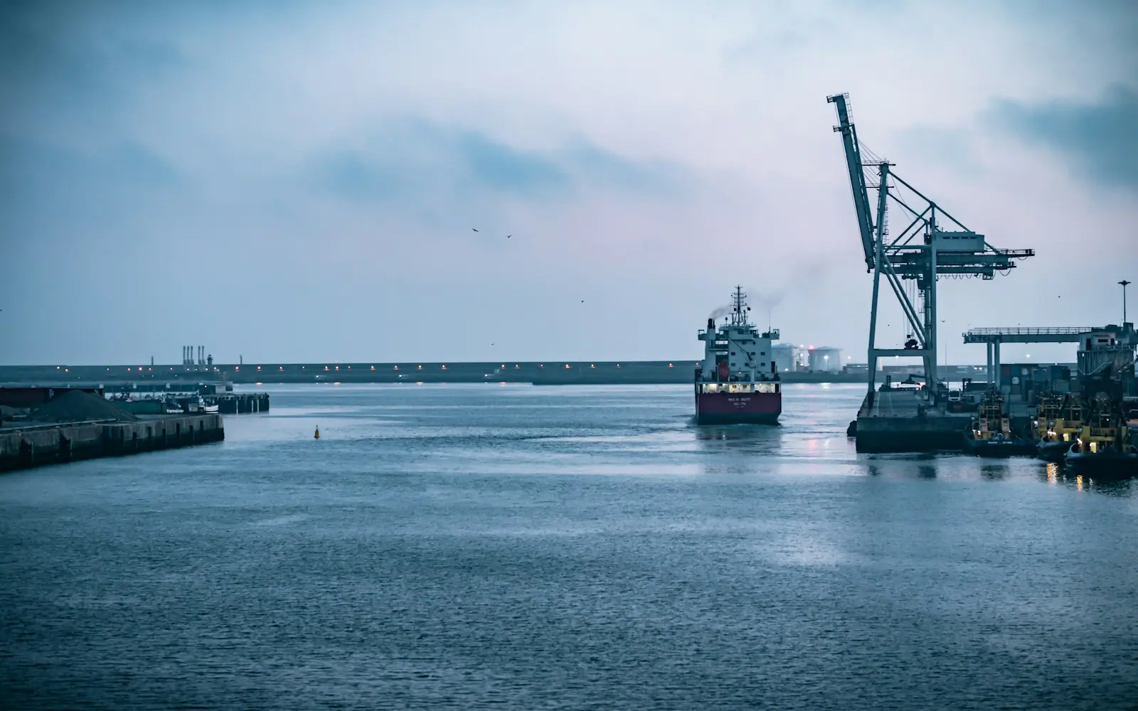 A cargo vessel alongside gantry cranes at a container port