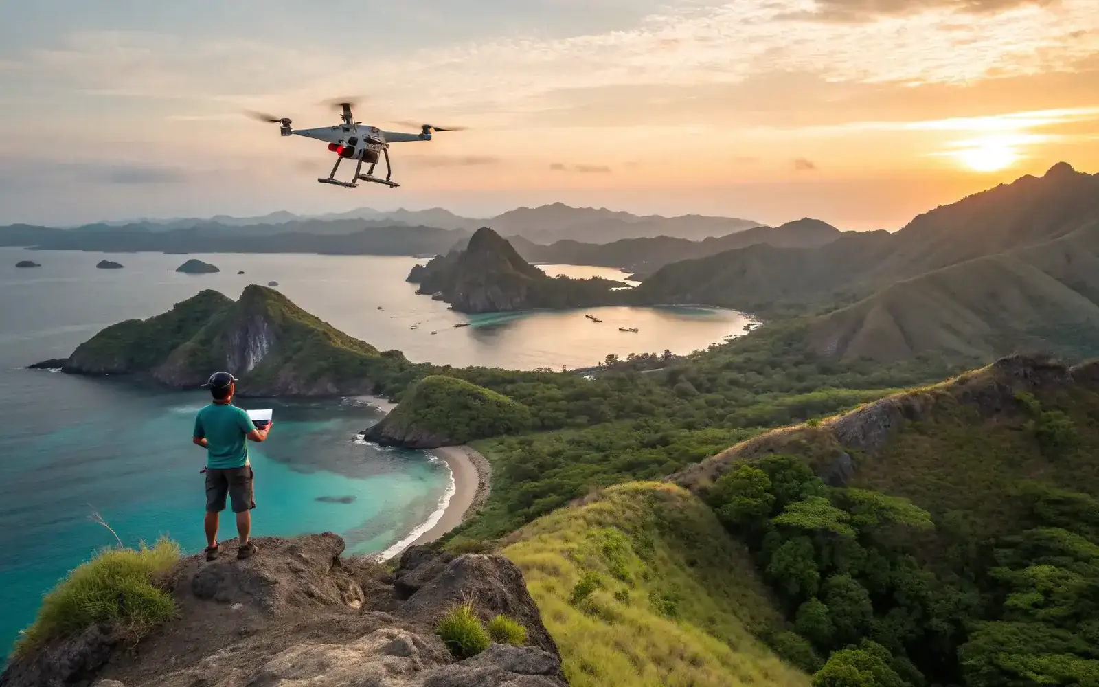 A drone operator flying a survey pattern over coastal headlands at sunrise